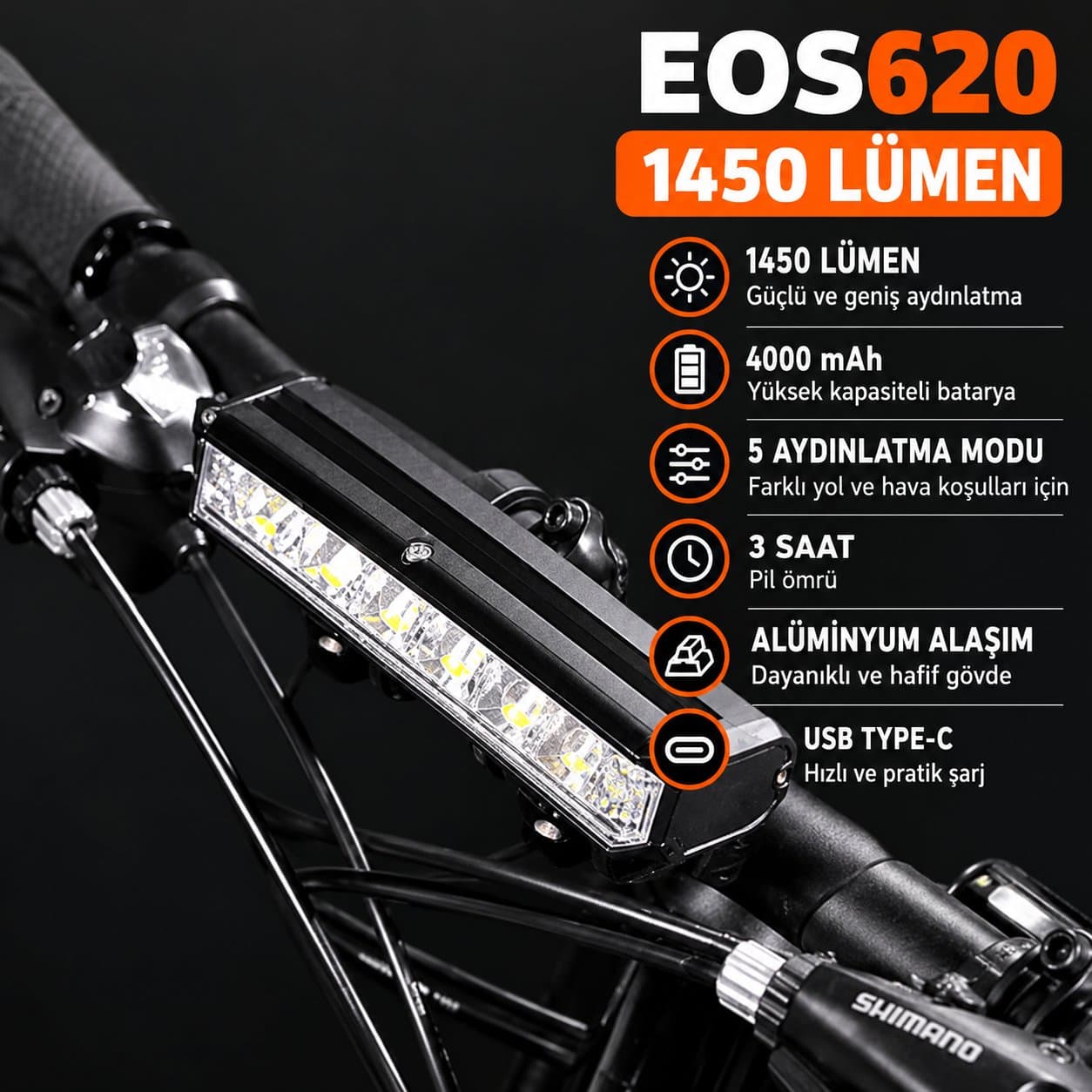 EOS620 1450 LÜMEN ŞARJLI LED BİSİKLET FARI